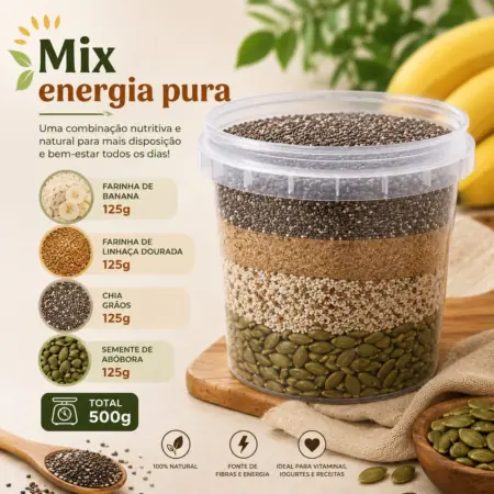 MIX ENERGIA PURA 500 g (far.banana verde+psyllium+far.linh dourada+chia grão+sem.abóbora) Geração Saúde Integral por natureza