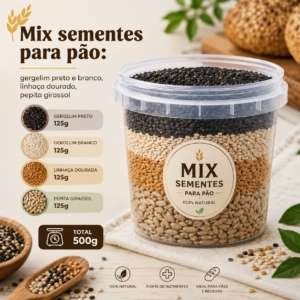 MIX SEMENTES PARA PÃO CASEIRO 500 g (gerg.preto e branco+pepita girassol+linh.Dourada) Geração Saúde Integral por natureza